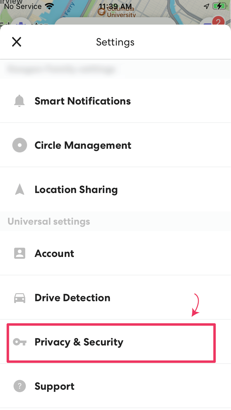Screenshot of Life360 app highlighting the "Privacy & Security" button