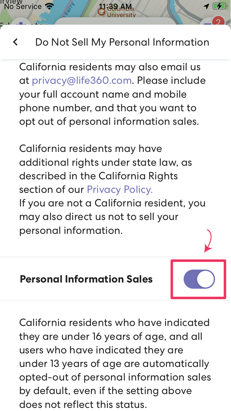 Screenshot of Life360 app highlighting the button next to "Personal Information Sales"