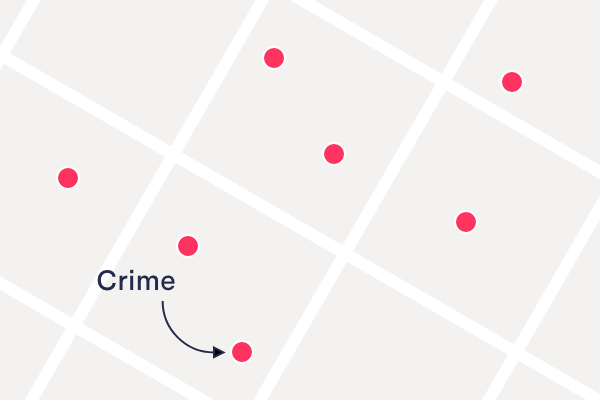 An image of several city blocks, with red dots representing crimes.