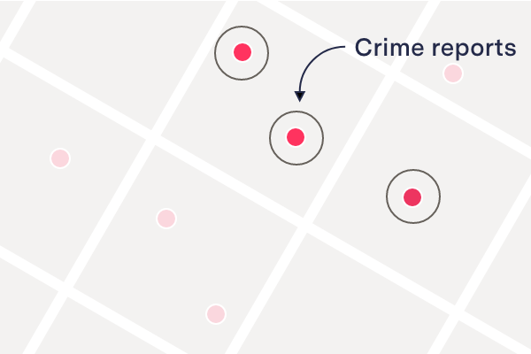 An image of several city blocks, with circles around a few of the crimes.
