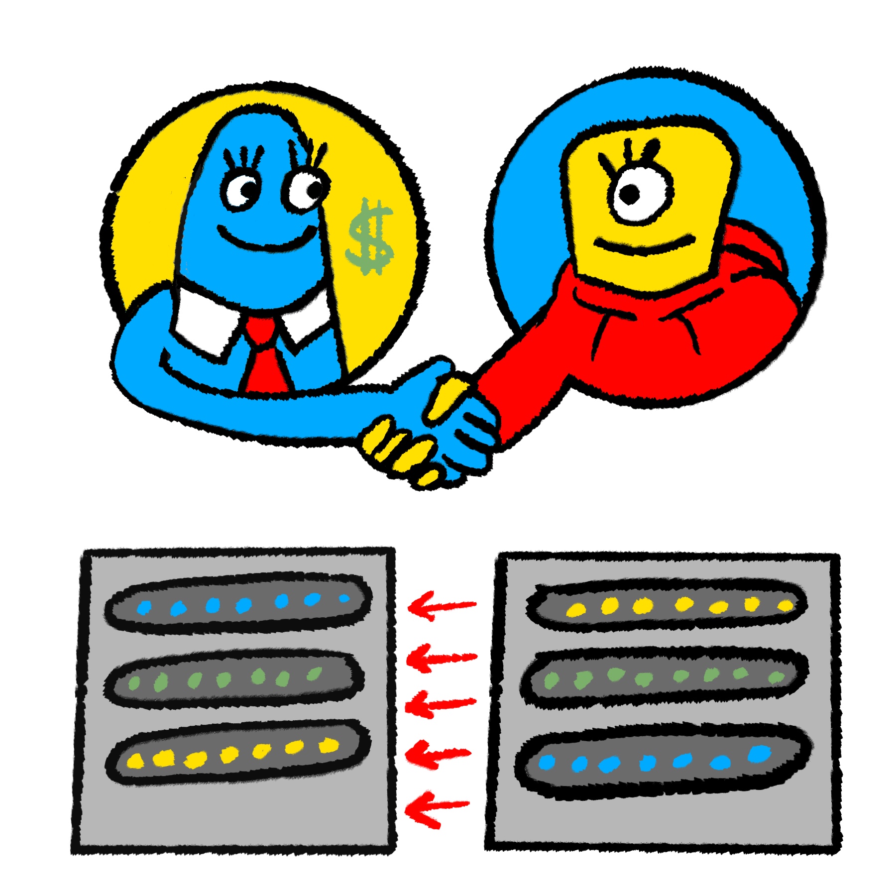 Illustration of a blue alien data broker shaking hands with a yellow alien app developer. Underneath them there are two servers transferring data.