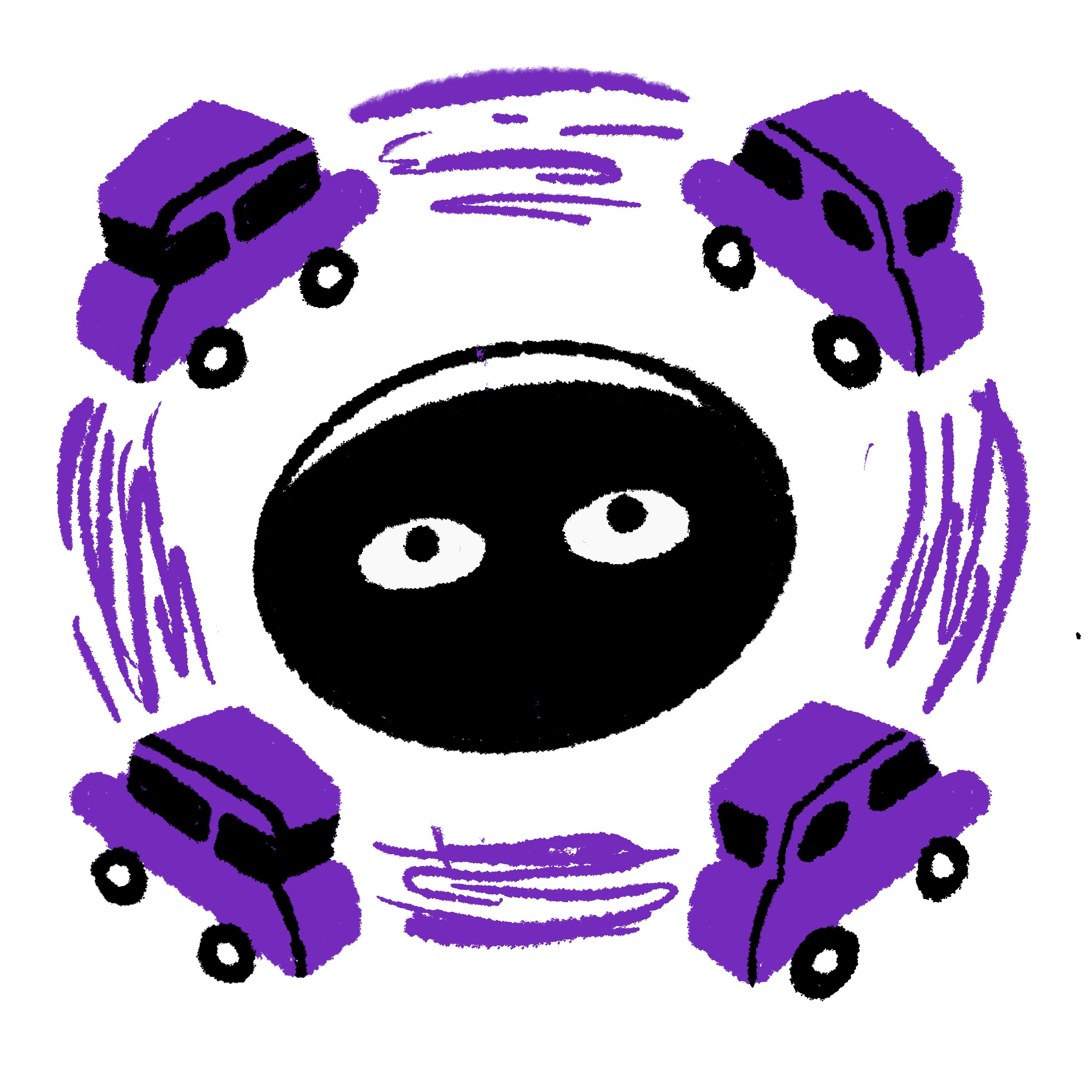 Spot illustration of 4 cars circling a hole with eyes peering out of it