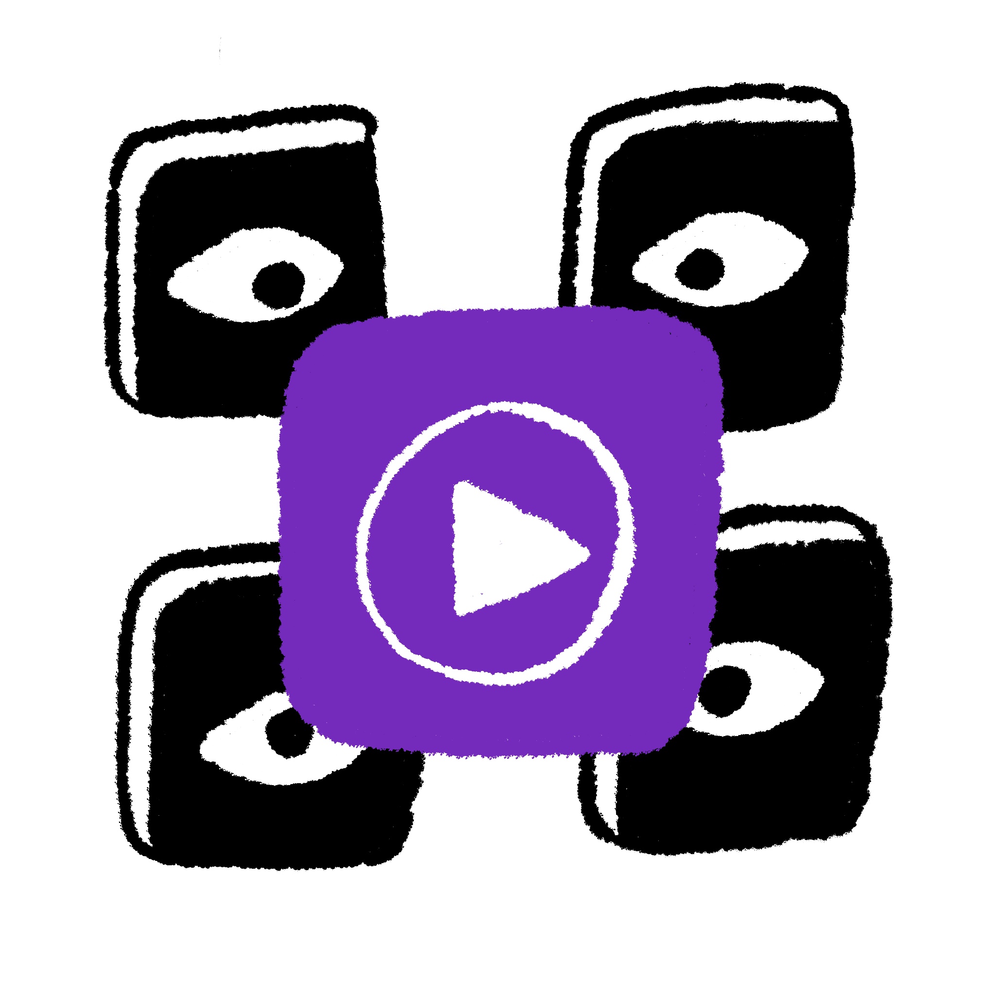 Spot illustration of a purple play icon with four holes behind it with eyes peering out of each hole
