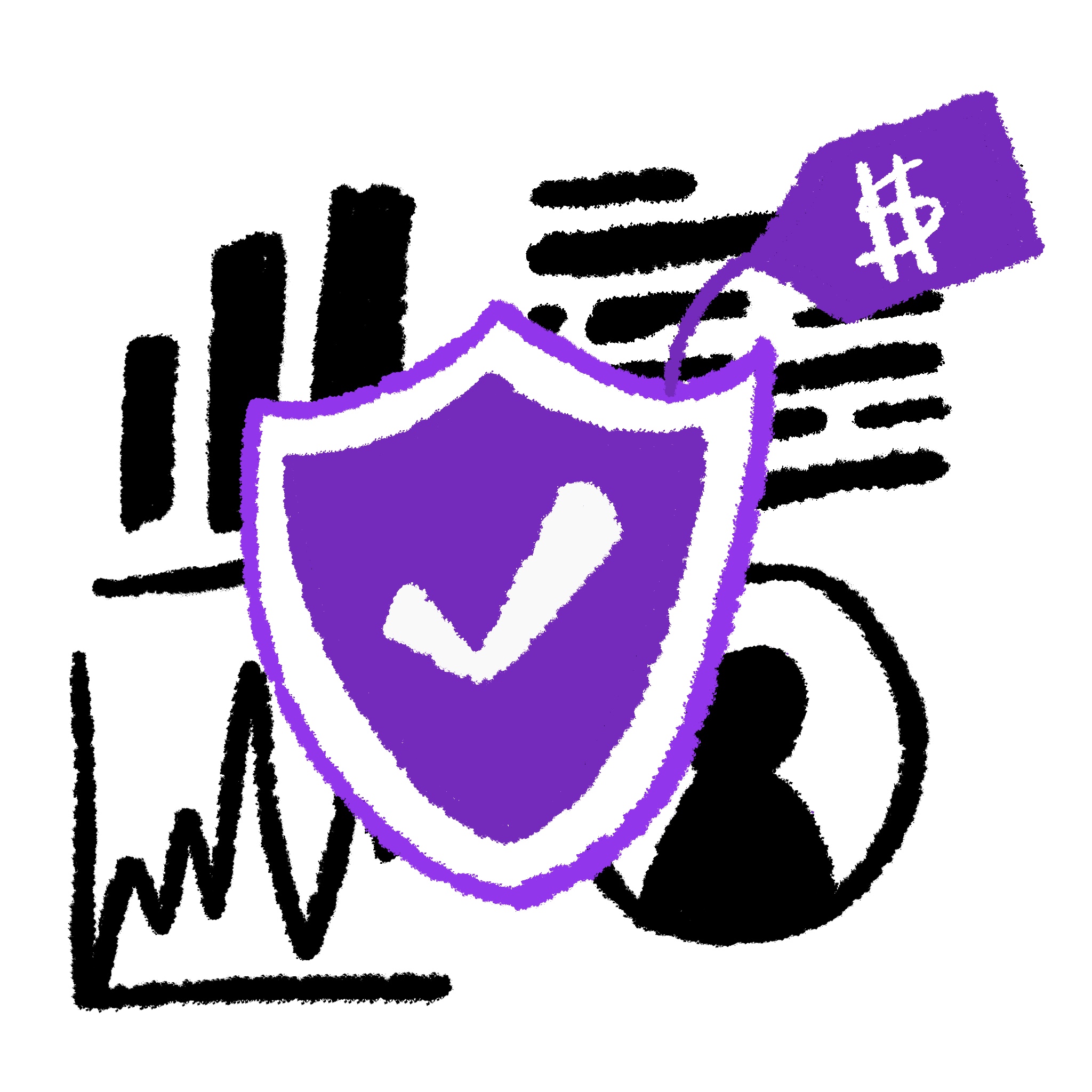 Spot illustration of a purple shield with data behind it
