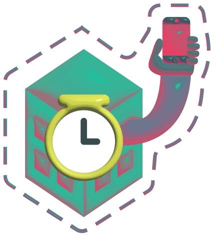 Illustrated animation of a dashed line around a building which has an arm holding a smartphone. The building has a clock on it.