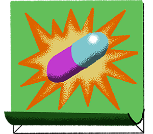 Banner unfurls over an image placeholder to reveal advertisement: teal and purple pill.