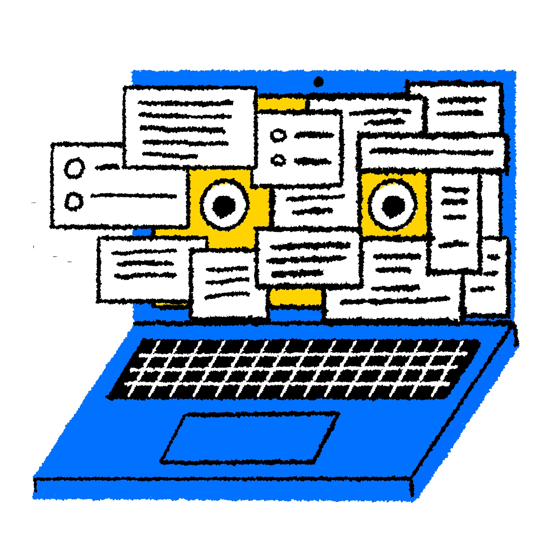 Spot illustration of a laptop plastered with several popup windows, with two eyes peering out.