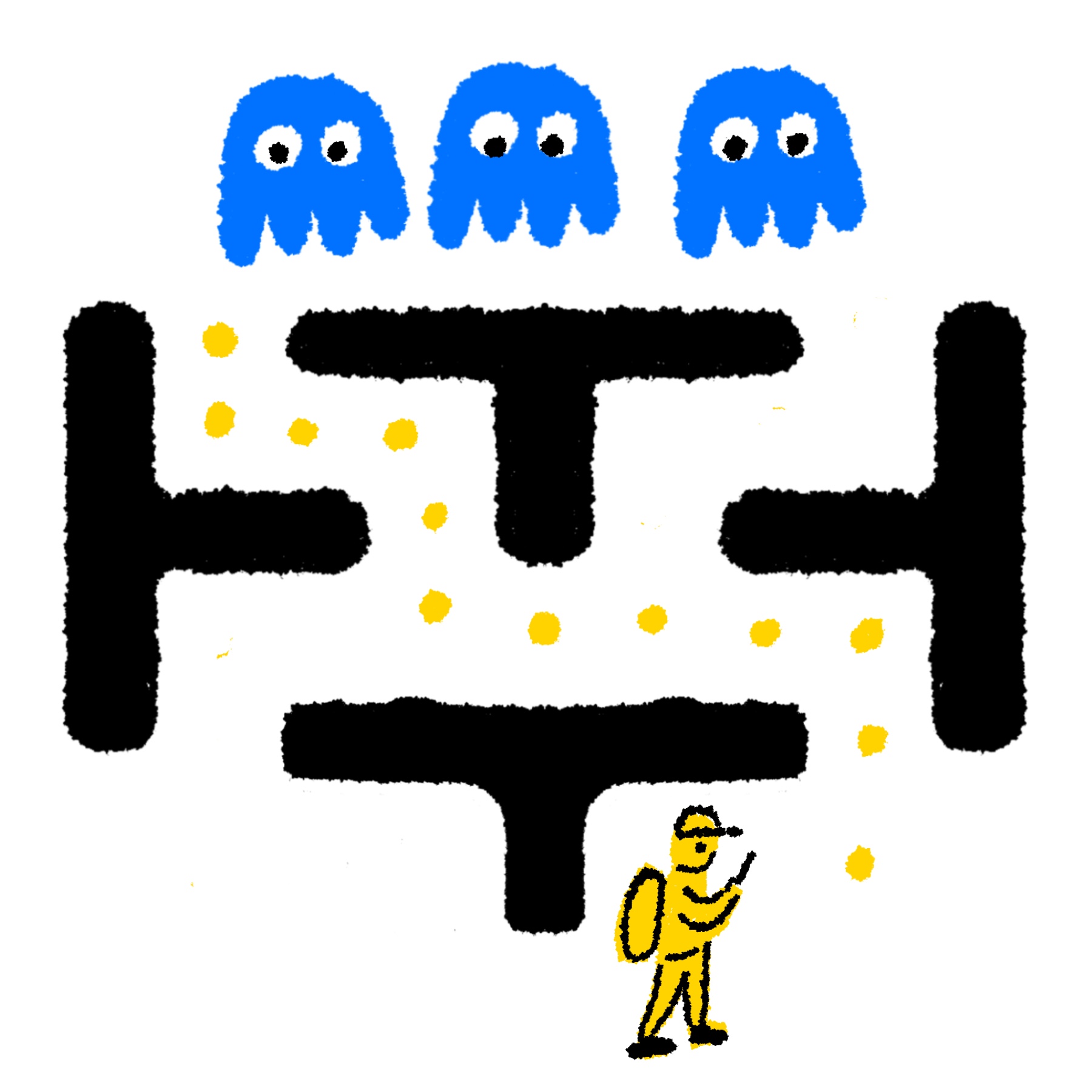 Spot illustration of a college student on their phone in a Pacman maze, with three ghosts looking down on them.