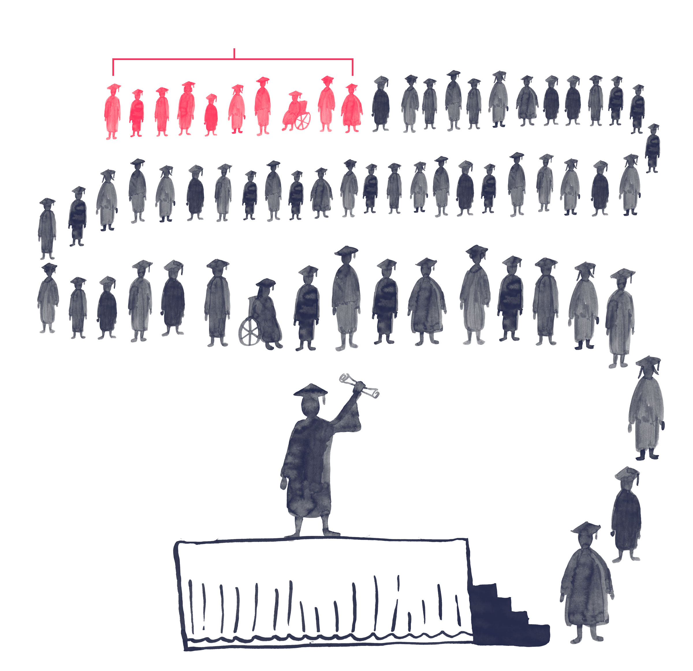 Illustration of a line of students snaking, with one student holding a diploma at the end