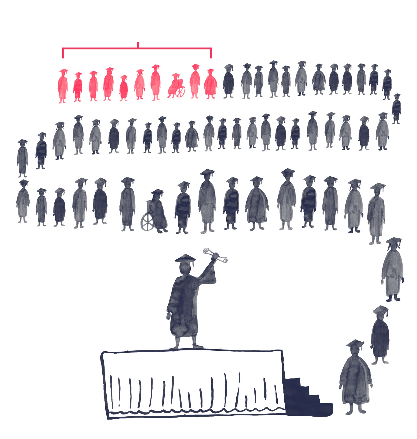 Illustration of a line of students snaking, with one student holding a diploma at the end
