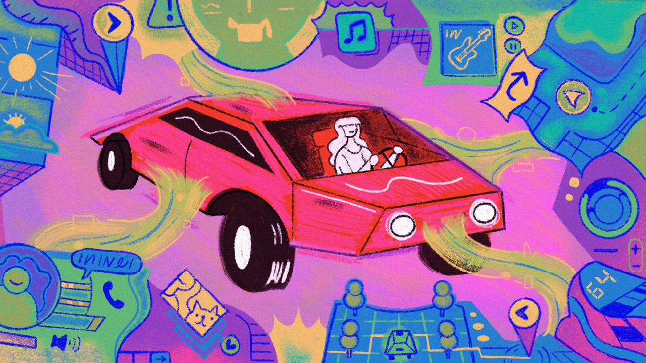 Illustration of a person driving a car, with data flowing out of it. The car is surrounded by maps, various icons and shapes.