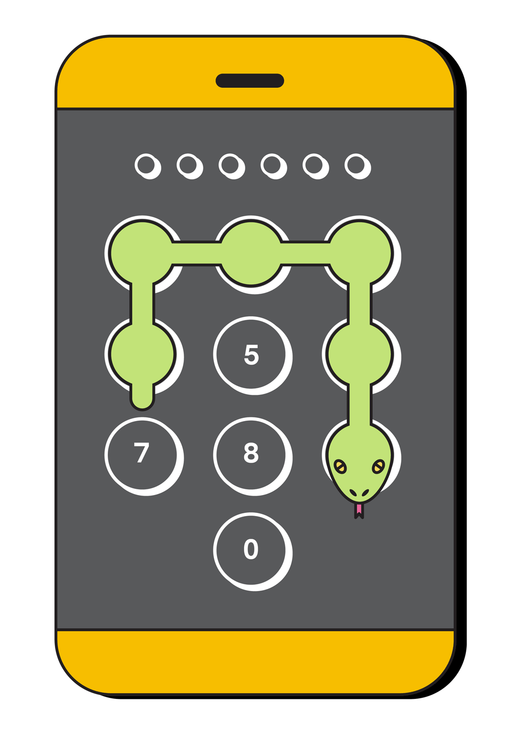 Animated spot illustration of snake slithering on the buttons of a passcode on a smartphone