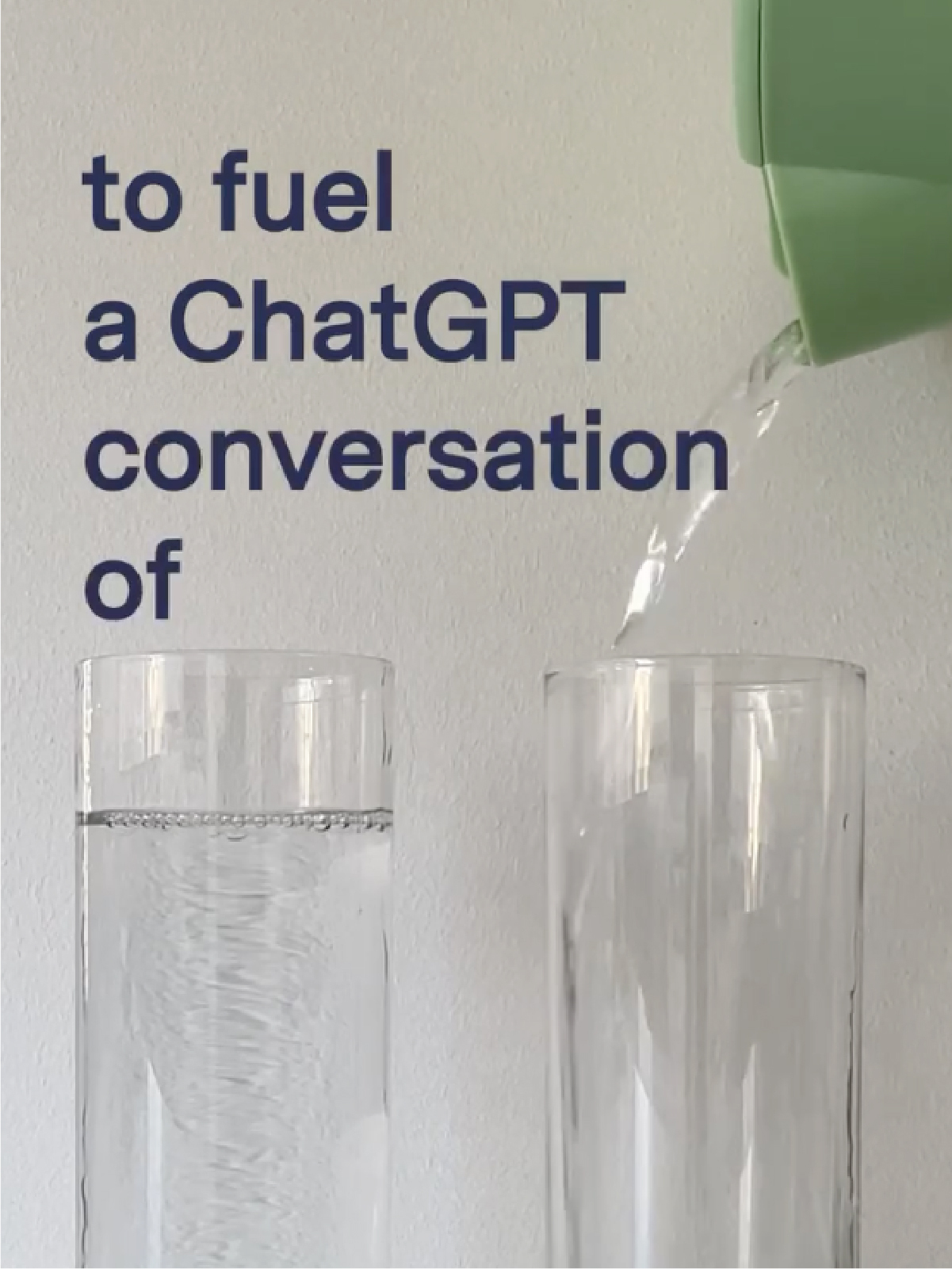 Still from an Instagram Reel showing two glasses, one being filled with water. Overlay text reads: to fuel a ChatGPT conversation of...