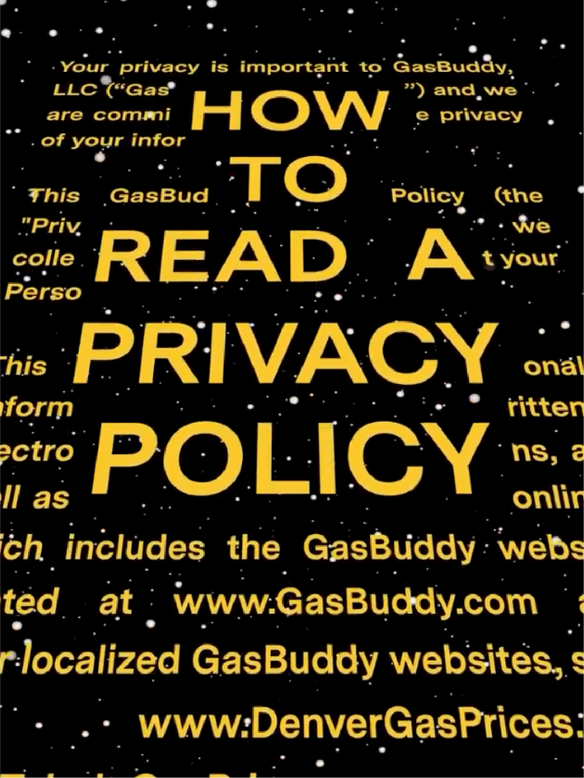 Still from Instagram Reel showing a Star Wars-style scroll with the text How to Read a Privacy Policy.