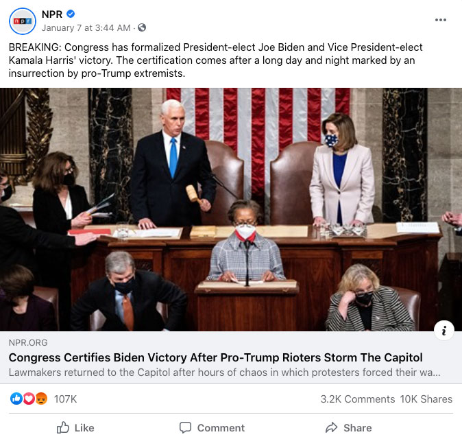 A Facebook Post by NPR of their story "Congress Certifies Biden Victory; Trump Pledges Orderly Transition On Jan. 20"