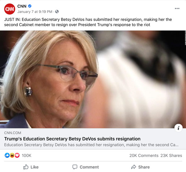 A Facebook Post by CNN of their story "Trumps Education Secretary Betsy DeVos submits resignation"
