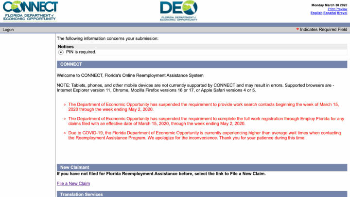 A screenshot of Florida Department of Economic Opportunity's Website