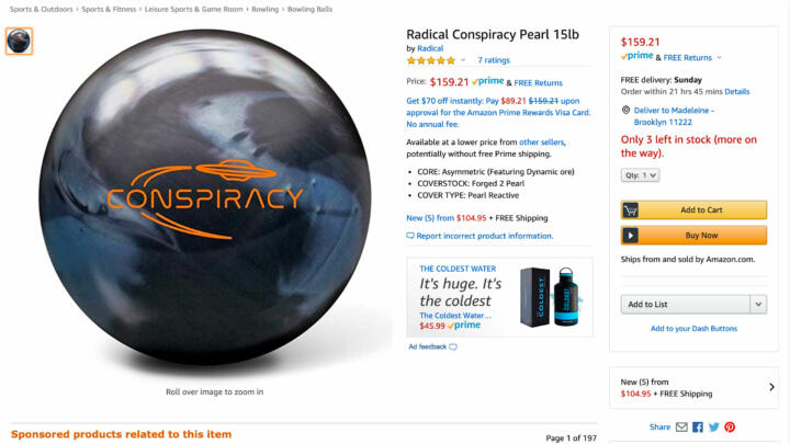 Screenshot of bowling ball for sale on Amazon that's available on Prime despite the Coronavirus