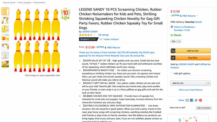 Screenshot of 10 rubber chickens for sale on Amazon that's available on Prime despite the Coronavirus