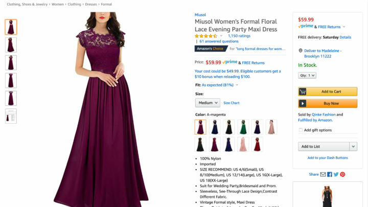 Screenshot of a prom dress for sale on Amazon that's available on Prime despite the Coronavirus