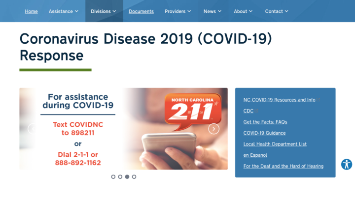 A screenshot of North Carolina's Department of Health and Human Service's page on Coronavirus. It features vital information within images, making parts of the page unreadable by screen readers.