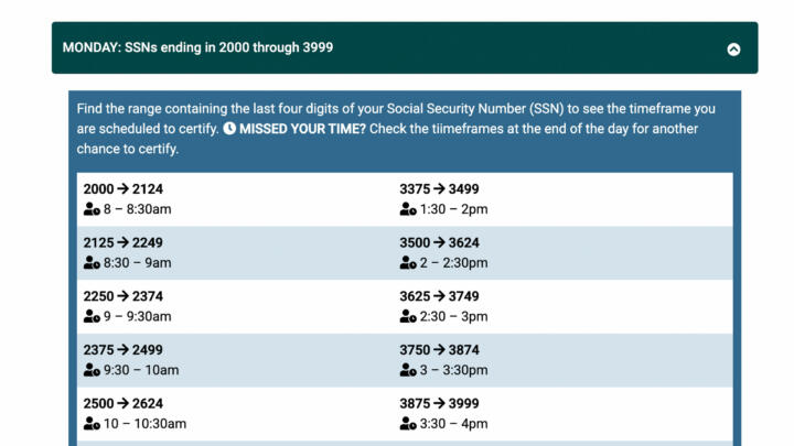 A screenshot showing times for New Jerseyans to call for unemployment benefits based on the last four digits of their SSN