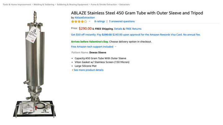 A screenshot of an Ablaze Stainless Steel 450 Gram Tube listing on Amazon