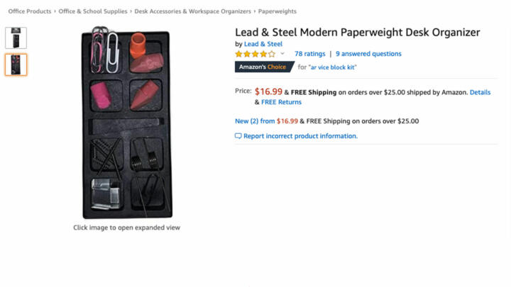 A screenshot of a Lead & Steel Modern Paperweight Desk Organizer listing on Amazon