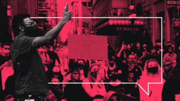 Photo illustration of a masked person holding a phone with their raised arm; the background shows a crowd of masked protesters holding signs