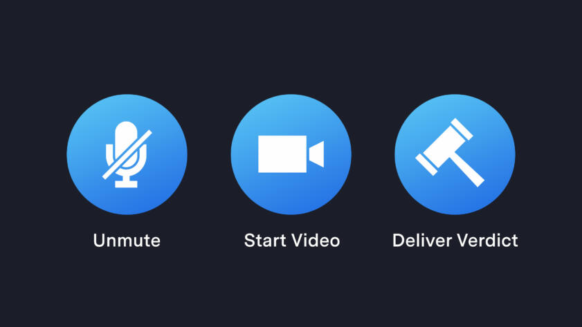 An illustration of three buttons for a video conferencing app with the labels: Unmute, Start Video, and Deliver Verdict