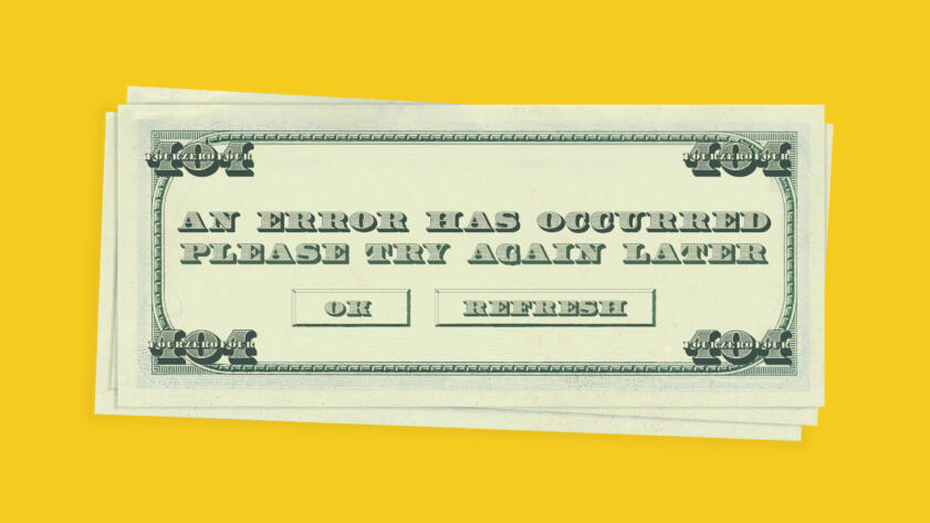 An illustration of an 404 error dialog in the style a dollar bill