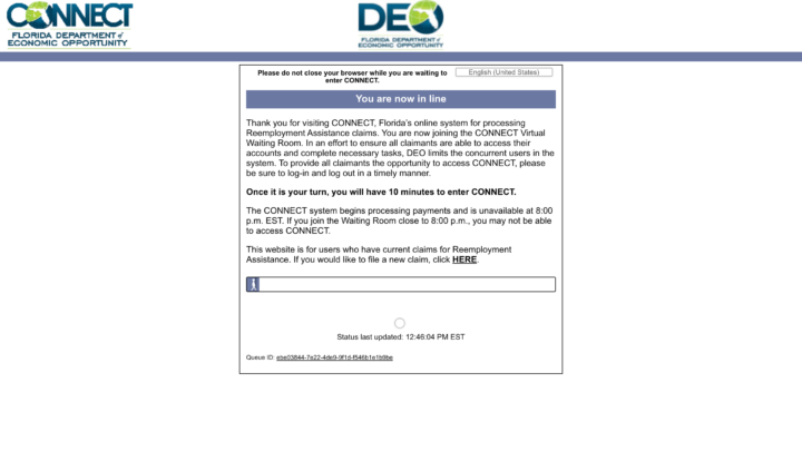 A screenshot of Florida's CONNECT unemployment site and a virtual waiting list before accessing functionality