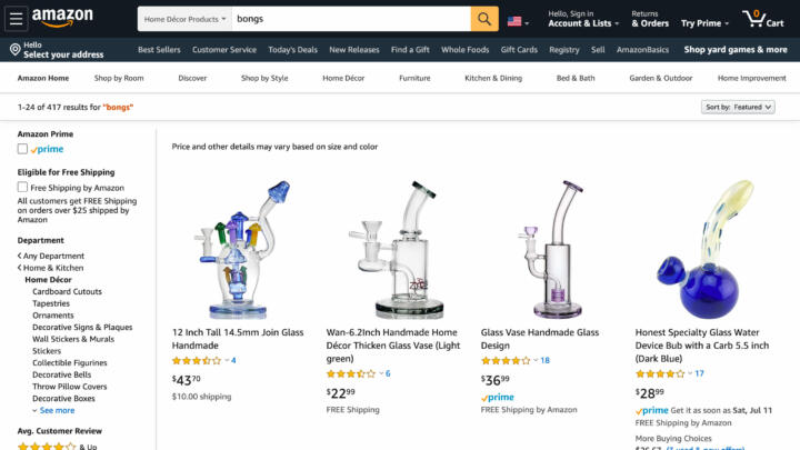 A screenshot of an Amazon search for "bongs" with 417 results returned