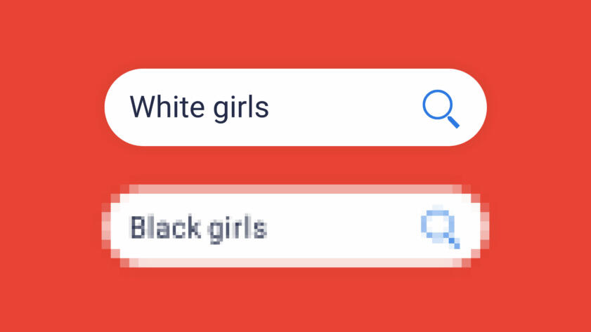 Illustration of two search bars. One for 'white girls' and one for 'black girls', the black girls one is pixelated