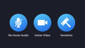 An illustration of three buttons for a video conferencing app with the labels: Unmute, Start Video, and Deliver Verdict