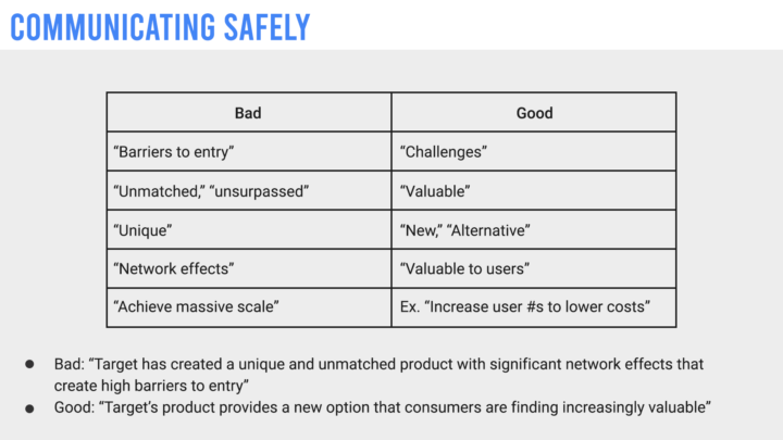 A recreated internal Google slide that details how employee's should communicate safely by using terms like "Challenges" instead of "Barriers to entry"