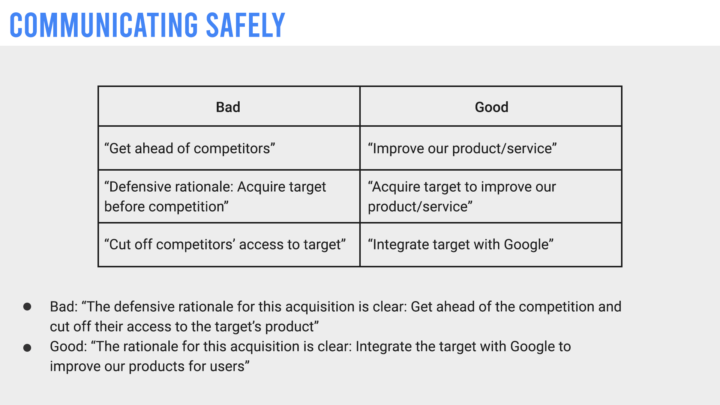 A recreated internal Google slide that details how employee's should communicate safely by using terms like "Acquire target to improve our service" instead of "Acquire target before competition"