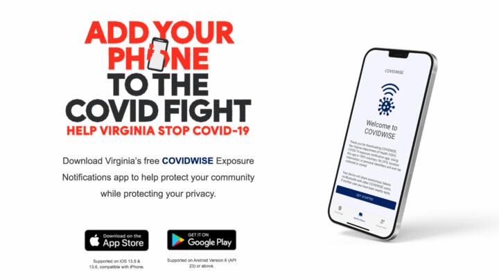 A screenshot of the website for Virginia's contact-tracing app, COVIDWISE