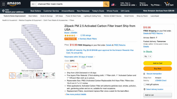 A screenshot of an Amazon listing of PM 2.5 Activated Carbon Filters for masks