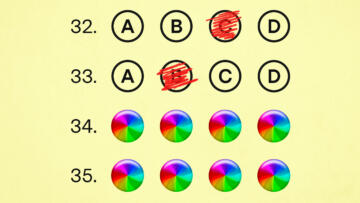 An illustration of a multiple choice exam with half the questions having crashed with a mac beachball icon