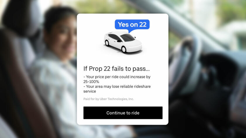 Photo Comp of a screenshot pop-up from the Uber app that reads "Yes on 22" over a blurry image of a rideshare driver.