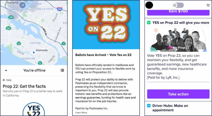 Screenshots of Pro-Prop 22 copy and imagery found in the driver apps for Uber, Postmates and Lyft