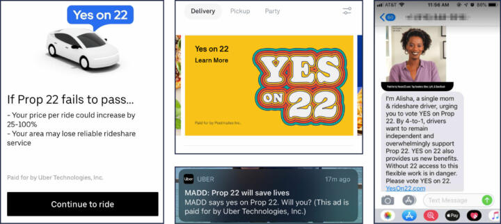 Screenshots of Pro-Prop 22 advertisements aimed at customers of Uber and Postmates