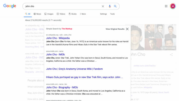 A Screenshot of a browser extension by The Markup called Simple Search