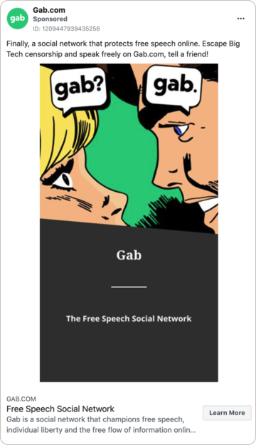 A screenshot of a Facebook ad for Gab