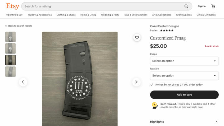 A screenshot of an assault rifle magazine with a "Three Percenter Logo" on it, for sale on Etsy