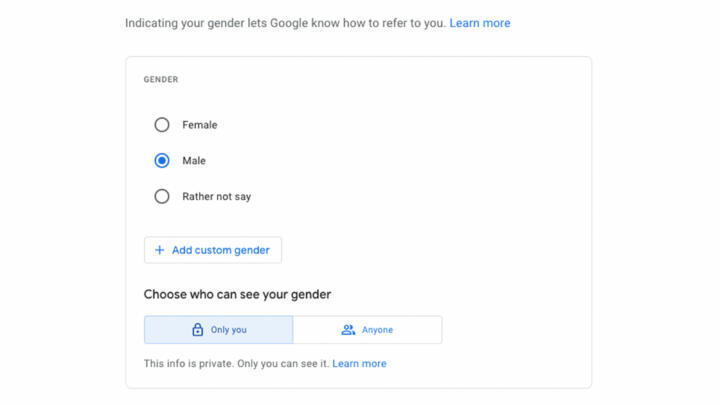 Image of Google page that allows users to select gender preference and who can see it