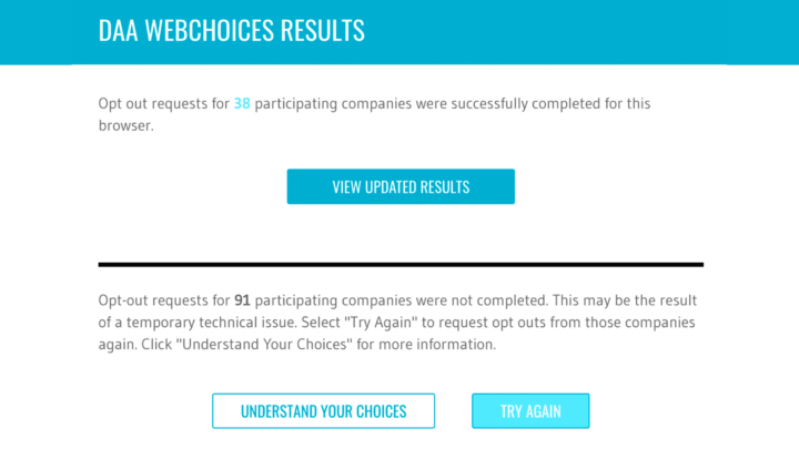 A screenshot of DAA Webchoices results. It reads "Opt out requests for 38 participating companies were successfully completed for this browser" and "Opt-out requests for 91 participating companies were not completed"