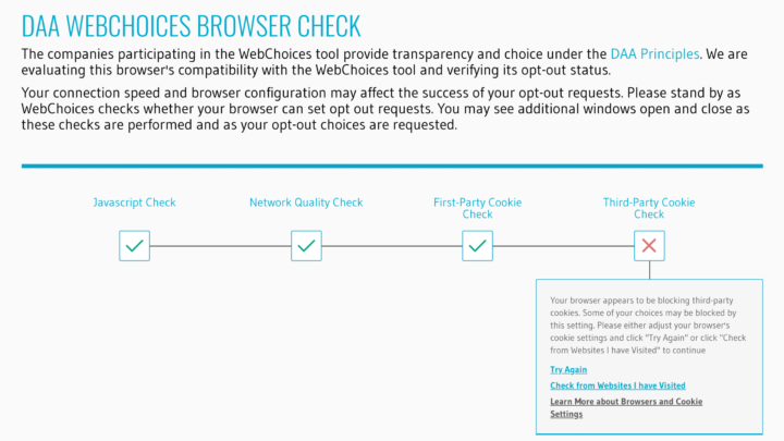 A screenshot of the DAA WebChoices Browser Check. It reads "The companies participating in the WebChoices tool provide transparency and choice under the DAA Principles. We are evaluating this browser's compatibility with the WebChoices tool and verifying its opt out status". The process has successfully progressed with Javascript, Network Quality and First-Party Cookie checks but has failed when it comes to checking Third-Party Cookies