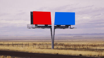 An illustration of a billboard being split into two with one half red and the other half blue